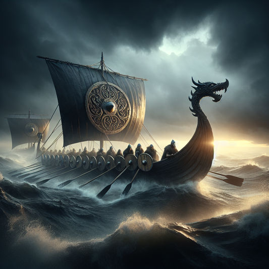Viking longship with dragon prow cutting through misty northern seas at dawn under a stormy sky, with shields along its sides and Norse warriors aboard in fur cloaks and leather armor.