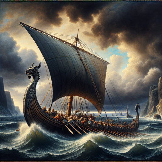 Dramatic Viking longship with dragon figurehead cutting through misty northern seas under a stormy sky, depicted in a cinematic 1960s historical epic painting style.