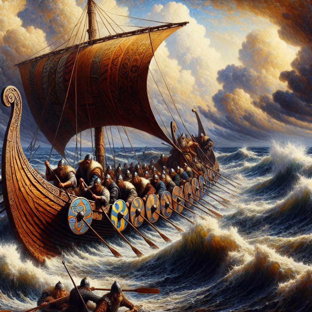 A majestic Viking longship sailing through rough northern seas with shields along the sides and warriors rowing under a dramatic sky, inspired by the cinematic style of 1960s historical epics.