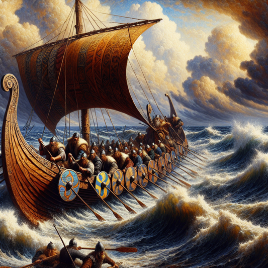 A majestic Viking longship sailing through rough northern seas with shields along the sides and warriors rowing under a dramatic sky, inspired by the cinematic style of 1960s historical epics.