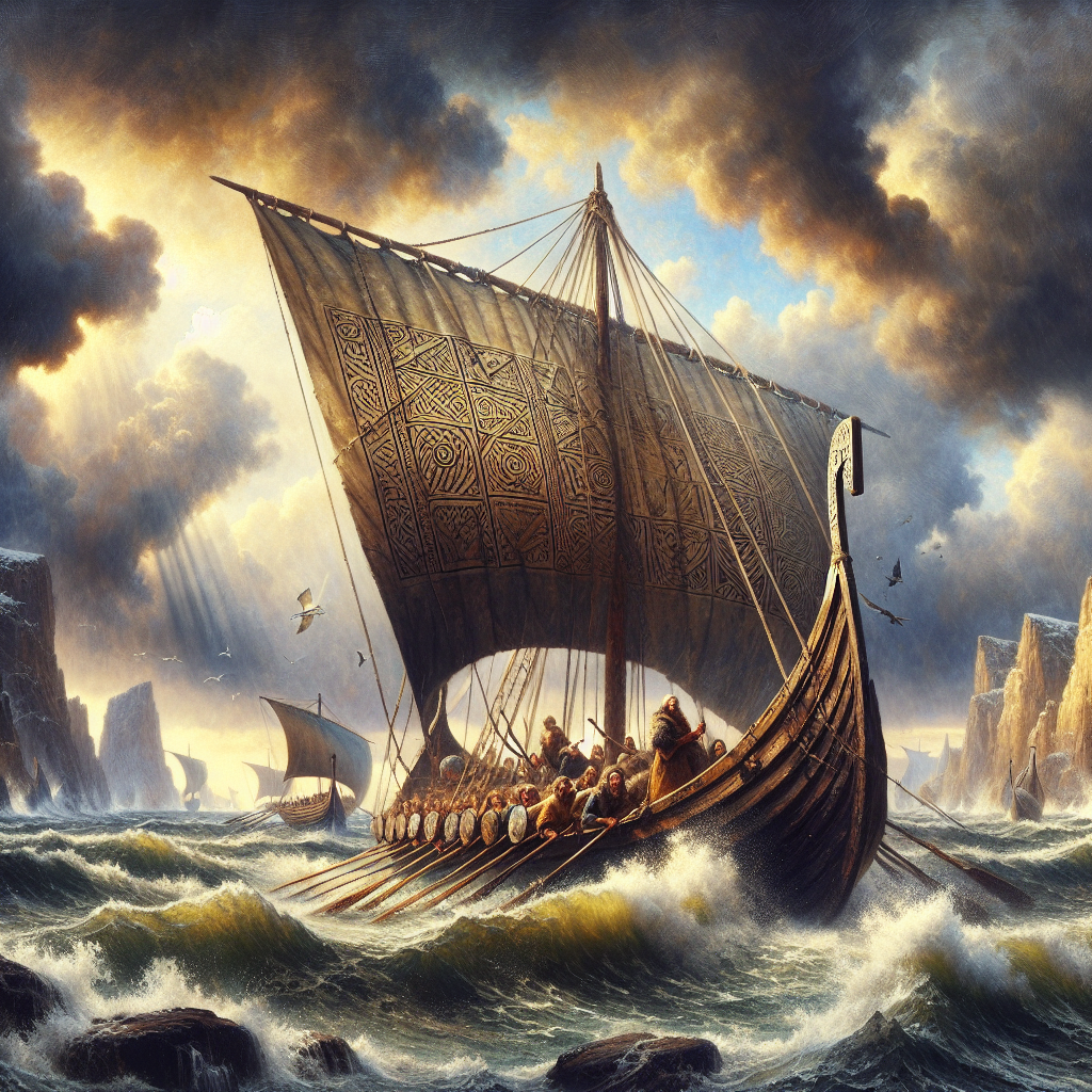 Rugged Viking longship sailing on rough northern seas under stormy skies, with crew shielded by a sail canopy, inspired by Norse mythological adventure.