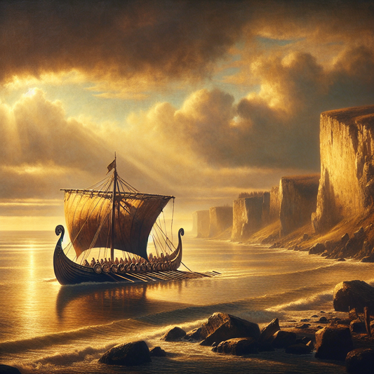 A majestic Viking longship sailing gently on calm northern seas at sunset, bathed in warm golden light highlighting intricate wooden carvings, styled as a cinematic 1960s historical epic painting.