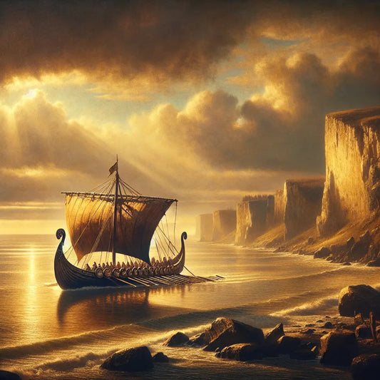 A majestic Viking longship sailing gently on calm northern seas at sunset, bathed in warm golden light highlighting intricate wooden carvings, styled as a cinematic 1960s historical epic painting.
