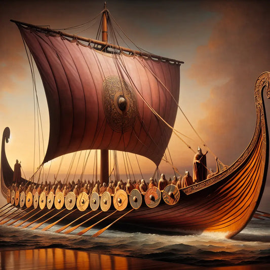 A Viking longship sailing across a calm ocean at sunrise, detailed with Norse mythology-inspired sails and shields, in a cinematic 1960s epic painting style.