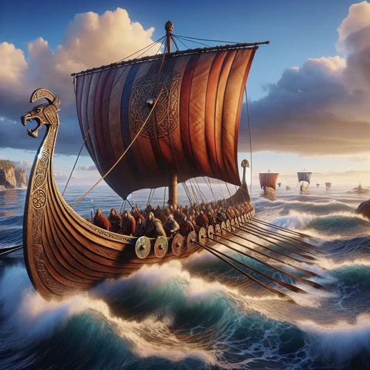 A Viking longship sailing on open seas with Viking warriors aboard and intricate runes subtly integrated into the waves and sky, in the style of 1960s historical epics.