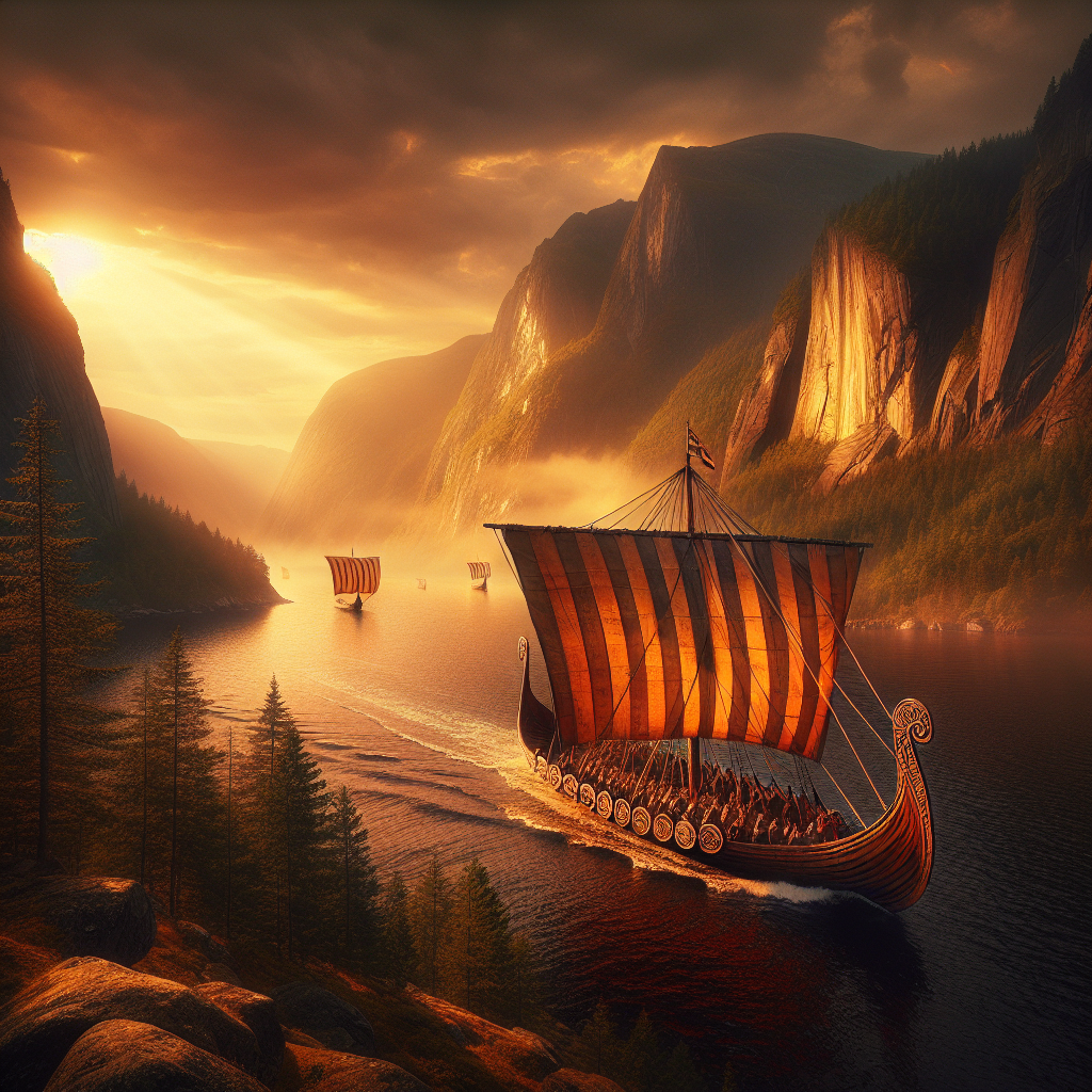 A majestic Viking longship sails through a calm Scandinavian fjord at sunset, surrounded by rugged cliffs and pine trees, in the style of a 1960s historical epic painting.