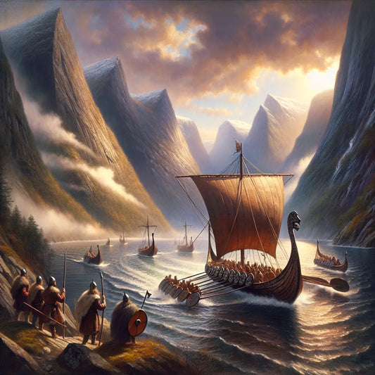 Majestic Viking longship sailing through misty Scandinavian fjords, surrounded by towering mountains, in a cinematic historical epic painting style.