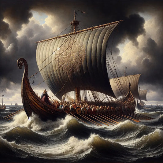 Dramatic Viking longship sailing stormy open ocean with Norse symbols on sail and warriors aboard, in cinematic 1960s historical epic painting style.