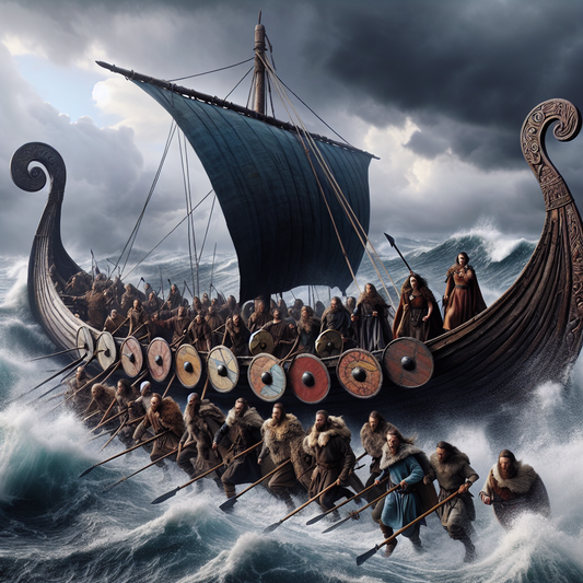 Viking longship sailing on stormy seas with warriors holding shields and axes under a cloudy sky, depicted in a realistic, cinematic style inspired by 1960s historical epics.