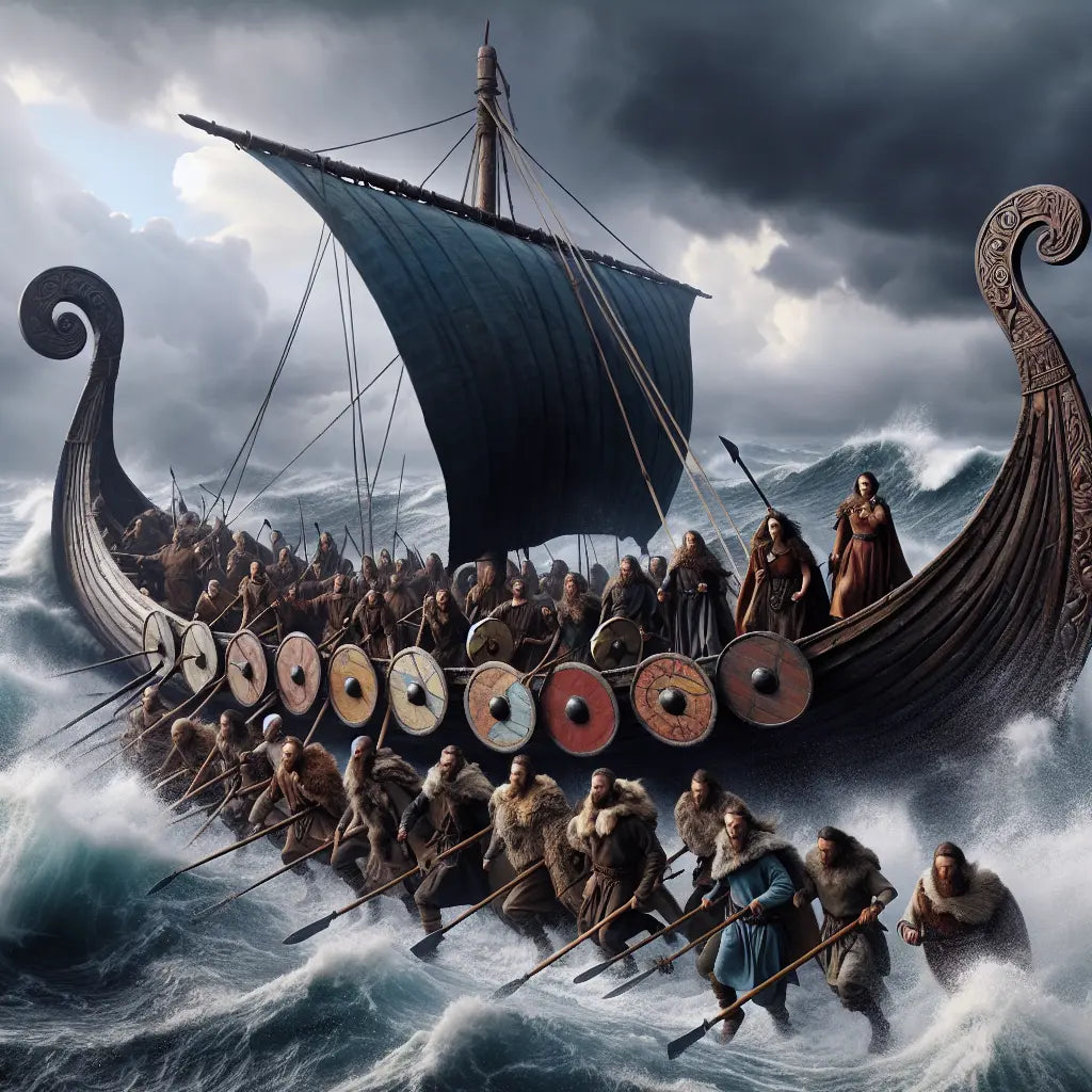 Viking longship sailing on stormy seas with warriors holding shields and axes under a cloudy sky, depicted in a realistic, cinematic style inspired by 1960s historical epics.