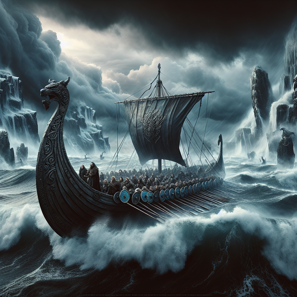 A Viking longship with Norse warriors battling towering storm waves under a dark, stormy sky, depicted in the style of a 1960s historical epic painting.