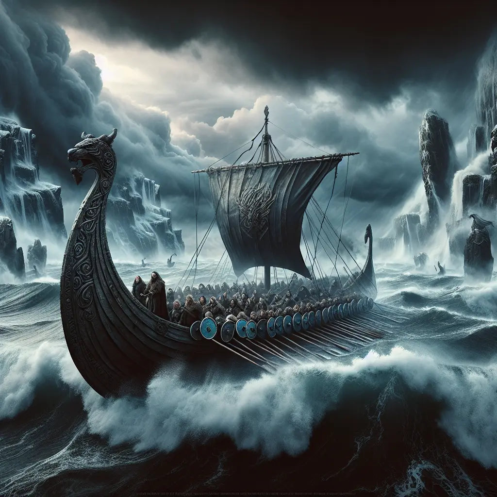A Viking longship with Norse warriors battling towering storm waves under a dark, stormy sky, depicted in the style of a 1960s historical epic painting.