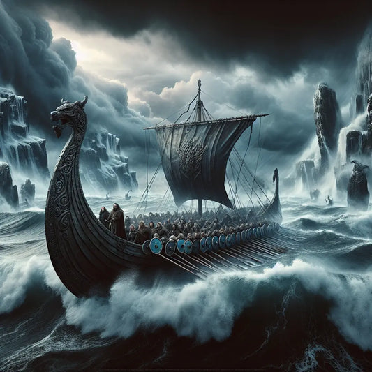 A Viking longship with Norse warriors battling towering storm waves under a dark, stormy sky, depicted in the style of a 1960s historical epic painting.