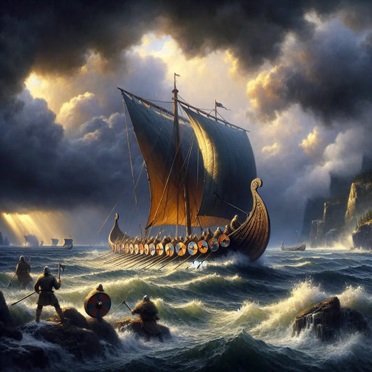 A Viking longship with intricately decorated shields and patterned sails sailing stormy northern seas under dramatic dark clouds, reflecting Norse maritime heritage.