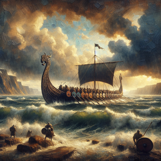 A Viking longship sails through stormy seas beneath a dramatic and turbulent Norse sky, with Viking warriors actively rowing and standing on deck, portrayed in a highly detailed, cinematic oil painting style.