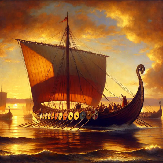 A majestic Viking longship sails at sunset on calm ocean waters, bathed in warm golden light illuminating its sail and shields, in a cinematic 1960s historical epic painting style.