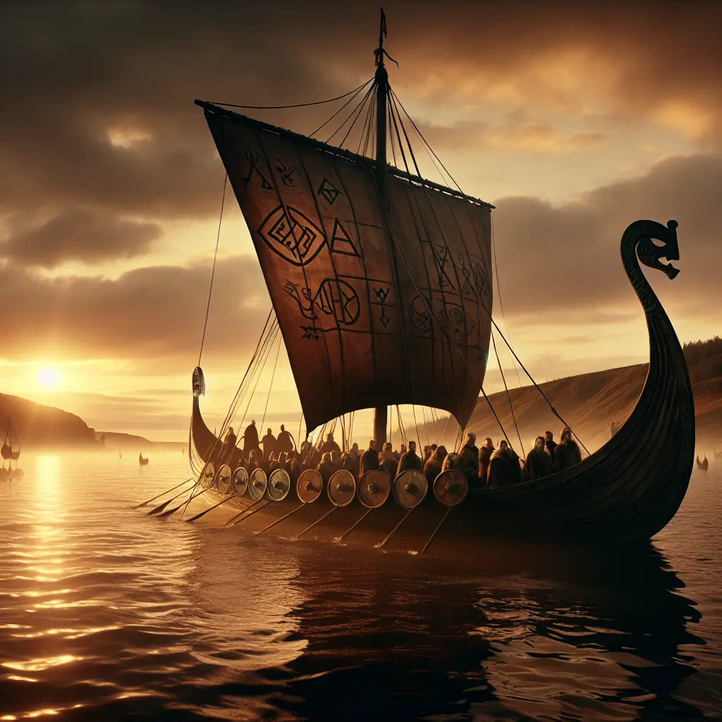 A Viking longship sailing on calm waters at sunset with ancient Nordic runes subtly visible in the sky, styled like a 1960s historical epic painting.