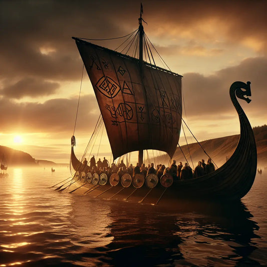 A Viking longship sailing on calm waters at sunset with ancient Nordic runes subtly visible in the sky, styled like a 1960s historical epic painting.