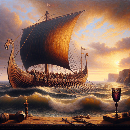 Viking longship sailing at sunset on calm ocean waves with a glass of wine in the foreground and a peaceful sky, in the style of 1960s historical epics.