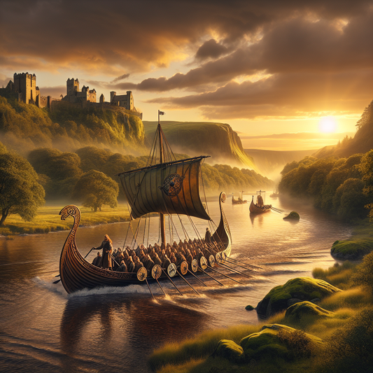Viking longship sailing on a calm river at sunset with lush greenery and medieval castles in the background, styled like a 1960s historical epic painting.