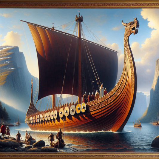 A majestic luxury cruise ship styled with Viking design elements sails through dramatic Scandinavian fjords under a clear blue sky, capturing adventure and elegance in a cinematic historical painting style.