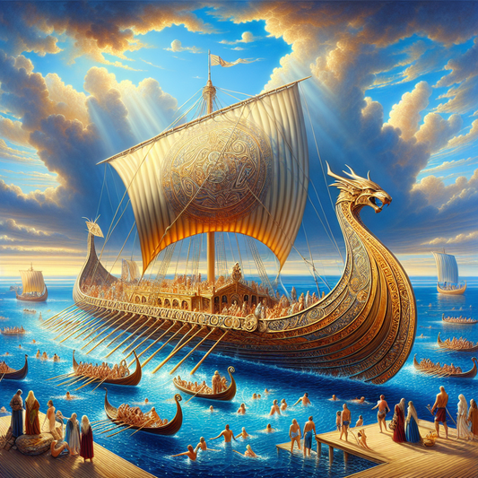 A majestic Viking-inspired modern cruise ship sailing on calm blue ocean waters under a bright sky, with passengers sunbathing and swimming on deck, painted in a 1960s historical epic cinematic style.