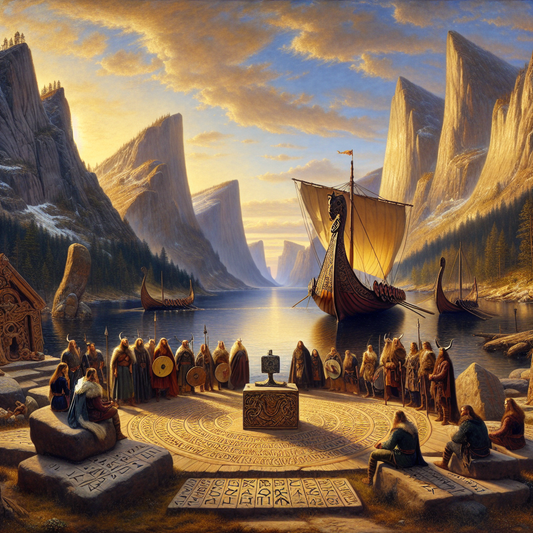 A Viking longship sails a majestic Nordic fjord with Thor's hammer and runes displayed on a stone altar, surrounded by Viking figures in traditional clothing, inspired by classic 1960s historical epic paintings.