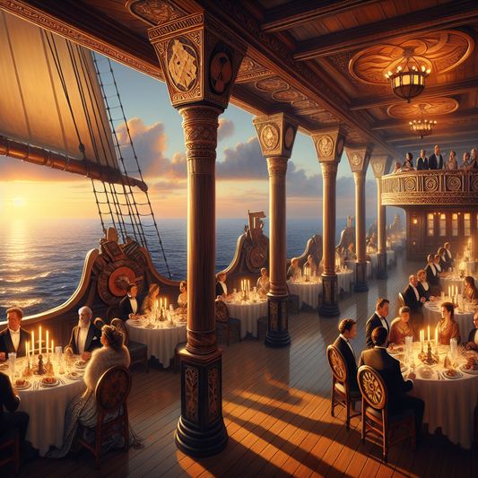 Elegant Viking heritage-inspired guests dine at sunset aboard a grand ocean cruise ship with warm, golden light illuminating the open deck and ocean horizon, painted in a cinematic 1960s epic style.