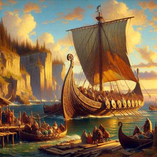 A luxurious Viking ocean ship sails near scenic northern ports with travelers enjoying dining and sightseeing onboard, depicted in a cinematic Roman epic painting style.