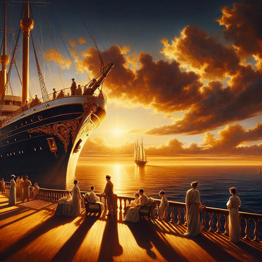 A majestic ocean cruise ship sails calmly on blue seas at sunset with passengers enjoying the elegant outdoor decks, depicted in a warm-toned cinematic painting style reminiscent of classic historical epics.