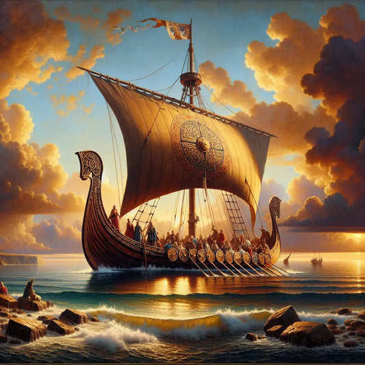 A luxurious Viking ocean cruise ship sailing at sunset with passengers enjoying drinks on deck overlooking a calm sea and vibrant horizon, painted in a cinematic epic style.