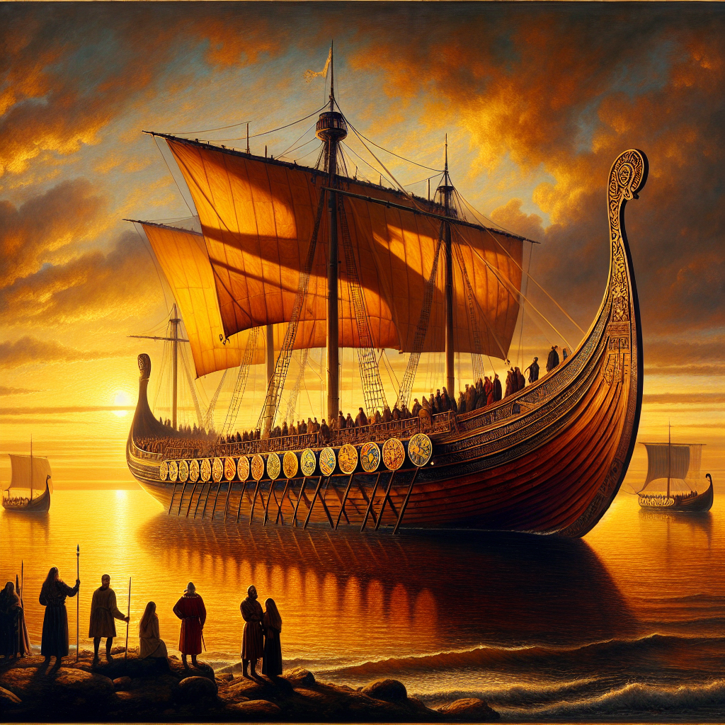 Silhouettes of diverse travelers on the deck of a luxurious Viking ocean cruise ship sailing at sunset under warm golden light, depicted in a realistic Roman historical epic painting style.