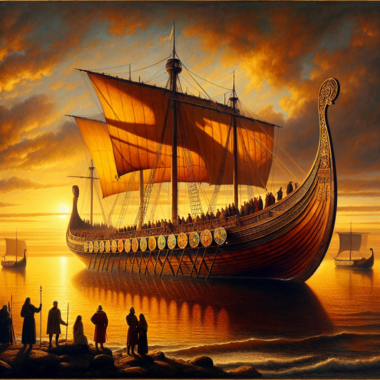 Silhouettes of diverse travelers on the deck of a luxurious Viking ocean cruise ship sailing at sunset under warm golden light, depicted in a realistic Roman historical epic painting style.