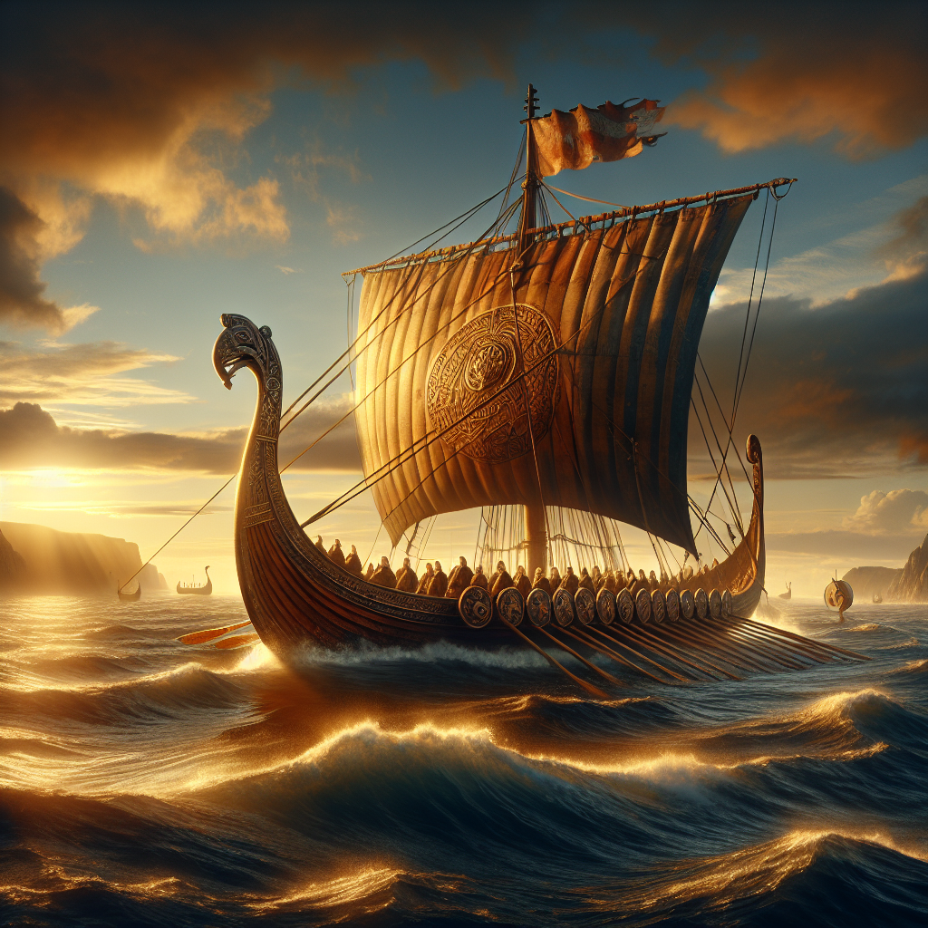 A majestic Viking ocean cruise ship sailing on calm blue waters at sunset with golden sunlight illuminating its ornate wooden structure, evoking the spirit of Norse maritime exploration.