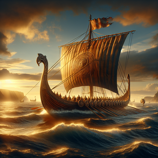 A majestic Viking ocean cruise ship sailing on calm blue waters at sunset with golden sunlight illuminating its ornate wooden structure, evoking the spirit of Norse maritime exploration.