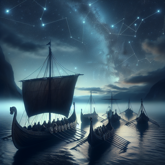 Viking longships sailing on misty seas under a clear night sky prominently showing the Octantis constellation, blending historic exploration with cosmic guidance in a painterly style.