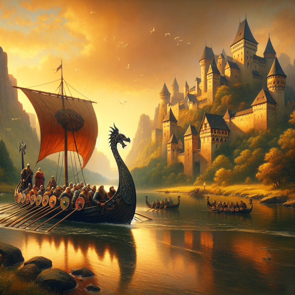 Serene Viking river cruise ship sailing on a calm European river bordered by medieval stone castles and lush greenery under a soft golden sunrise sky, painted in the style of a 1960s historical epic film.