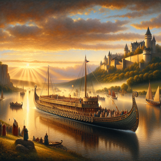 An elegant Viking river cruise ship sails peacefully at sunset past medieval castles along a misty European river, evoking Norse heritage with warm golden light.