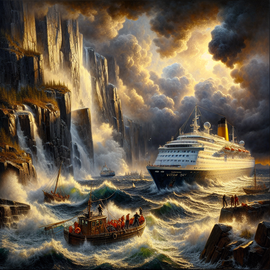 The Viking Sky cruise ship drifts dangerously close to Norway's rocky coast amid towering stormy waves and dark clouds, with rescue boats and crew in action under dramatic cinematic lighting.