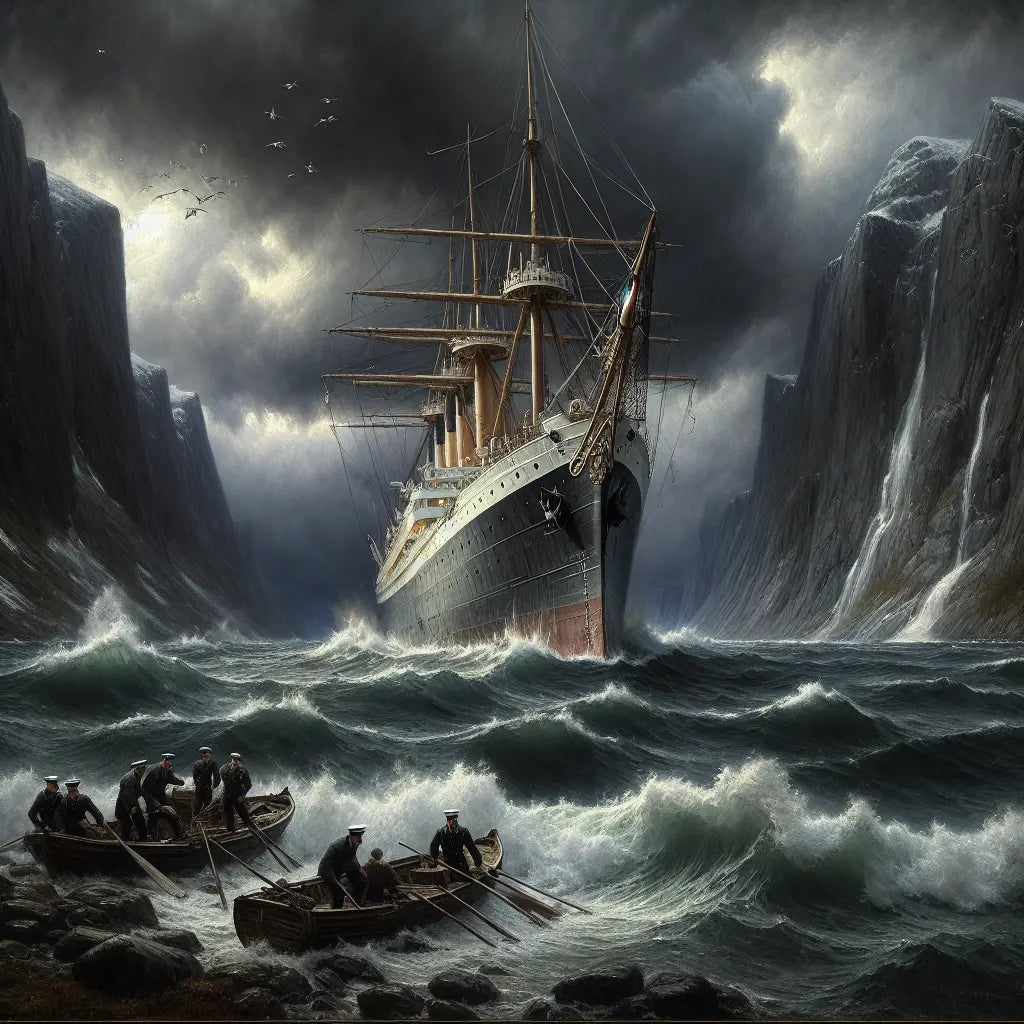 A large Viking Sky cruise ship struggling in stormy seas off the Norwegian coast with dark skies and intense waves, illustrating a maritime crisis and engine failure in a dramatic, classical painting style.