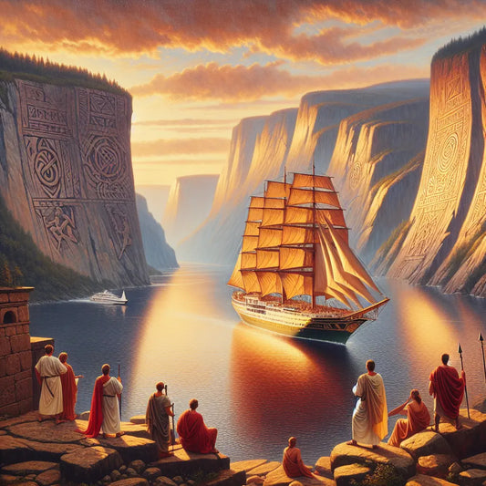 A majestic Viking Star cruise ship sails through calm fjords at sunset, its silhouette reflected in the water with Nordic runes subtly integrated into the cliffs, painted in a 1960s Roman historical epic style.
