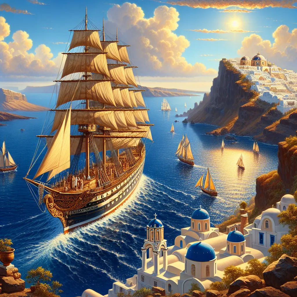 Majestic Viking Star cruise ship sailing near Santorini island with white buildings and clear blue Mediterranean sky, painted in a warm, cinematic Roman historical epic style.
