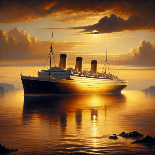 A luxurious Viking Star cruise ship peacefully sailing at sunset on calm ocean waters, rendered with warm golden light and serene atmosphere.