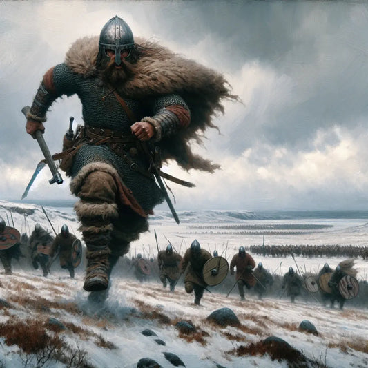 A fierce Viking warrior wearing a historically accurate iron helmet charging into battle under a cold northern overcast sky, surrounded by Viking warriors and rugged terrain, styled like a 1960s historical epic painting.