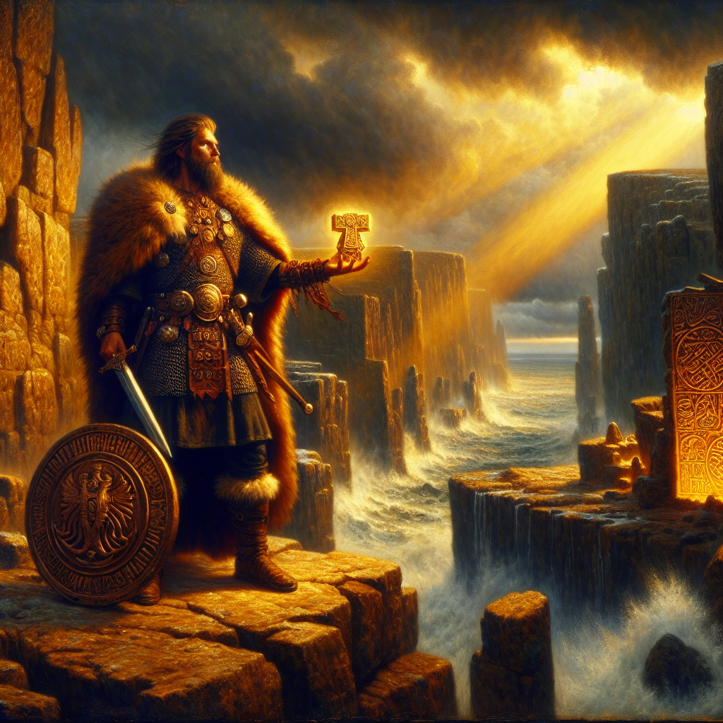 Viking warrior standing heroically on a rugged cliff holding a glowing hammer-shaped talisman under stormy northern skies, styled as a 1960s Roman historical epic painting.