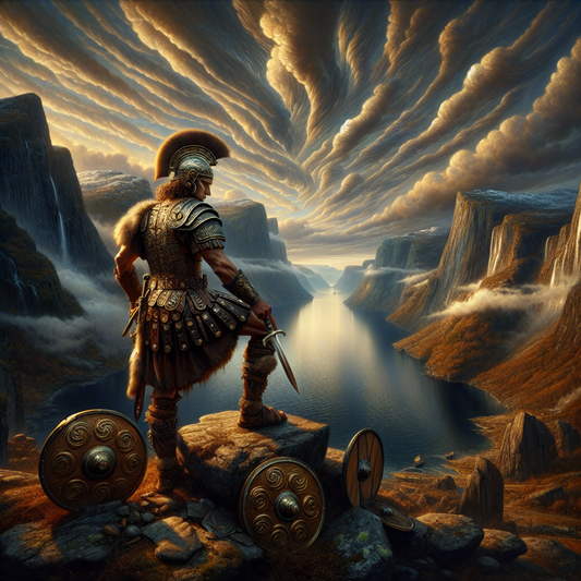 A Viking warrior dressed with intricately designed metal hair jewelry, standing by a dramatic fjord landscape under a crisp, cloudy sky, rendered in a cinematic 1960s historical epic painting style.
