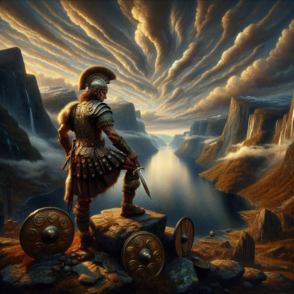 A Viking warrior dressed with intricately designed metal hair jewelry, standing by a dramatic fjord landscape under a crisp, cloudy sky, rendered in a cinematic 1960s historical epic painting style.