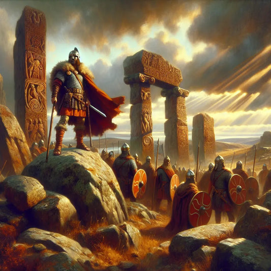 A fierce Viking warrior holding a wooden club on a rugged battlefield under a stormy sky with glowing Norse runes, painted in a cinematic 1960s Roman epic style.