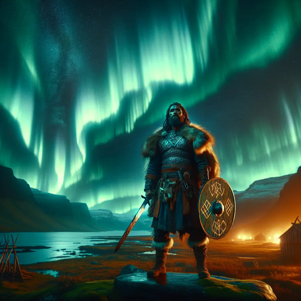 Viking warrior holding a rune-inscribed glowing sword under the Northern Lights in a rugged Nordic landscape, painted in the style of classic 1960s historical epics.