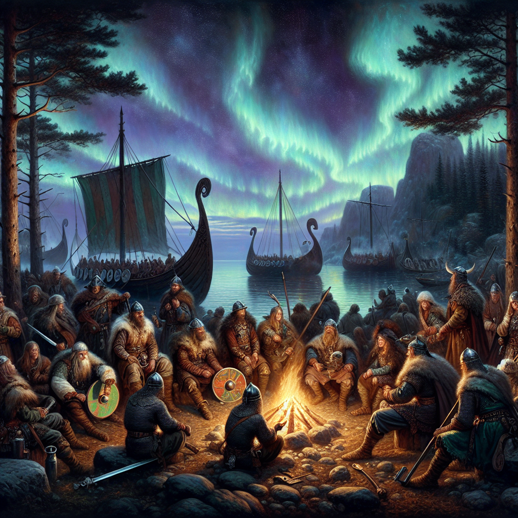 Viking warriors gathered around a campfire near a shore with docked longships under a twilight sky lit by northern lights, wearing jewelry with glowing silver and gold accents.